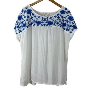 Flower & Feather Womens Top‎ White Embroidered Short Sleeves Blouse Size 3XL